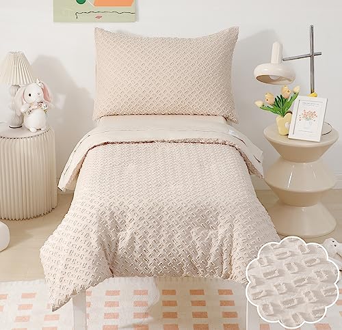 Cozyholy 4 Pieces Boho Tufted Toddler Bedding Set For Girls Boys Beige Soft Jacquard Embroidery Bed Sheets Set Comforter Set For Baby Kids | Include Comforter, Flat Sheet, Fitted Sheet, Pillowcase #TOP29
