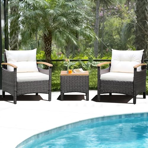 GIANTEX Juego de Muebles de Jardín de Ratán para 2 Personas, Conjunto de Muebles 3 Piezas con Cojines, 2 Sillones y 1 Mesa de Café, Conjunto de Conversación para Patio, Balcón (3 Piezas, Blanco) - imagen 9