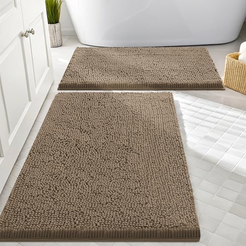Image of Smiry Bathroom Rugs Sets 2 Piece, Soft Absorbent Chenille Machine Washable Non Slip Shaggy Bath Rug Set for Tub, Shower, and Floor (30x20+24x16, Camel)