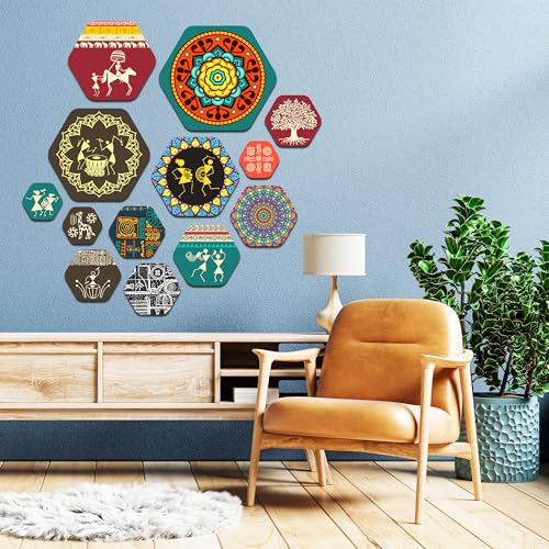 Image of Decor Smart Tribal Wooden Wall Art | Living Room Decoration | Cultural Folk Accent | Home Decor Decorative Artwork | Traditional Warli Mandala Wall Hanging | Ethnic Village Inspired Sticker (WPS 217)