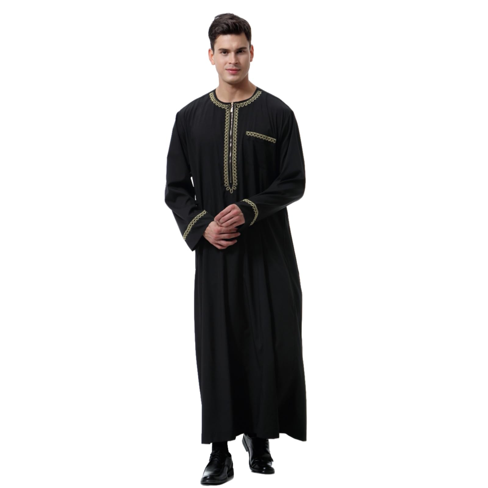 Túnica Árabe Bordada Hombre Jubba Thobe Ropa Musulmana Dubai Kaftan Blanco Negro M-3XL