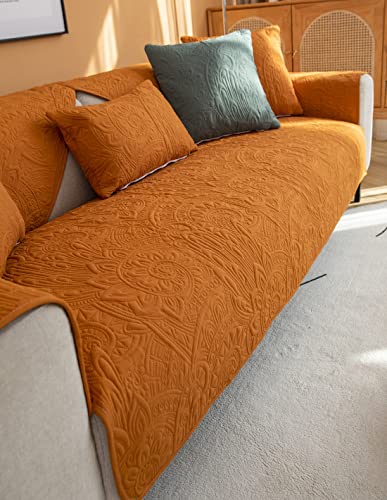 Vctops Boho Floral Embroidery Sofa Couch Covers Super Soft Comfy Cotton Quilted Sectional Couch Cover Non Slip Sofa Slipcover Furniture Protector For Living Room (Orange,43"X82") #TOP17