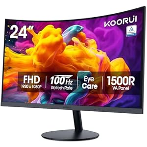 KOORUI – Monitor curvo de 24 pulgadas para juegos, R1500, Full HD, 1080P, monitor de 75 Hz, HDMI, VGA, ajuste de inclinación, monitor LCD, protección ocular, negro 24N5CA
