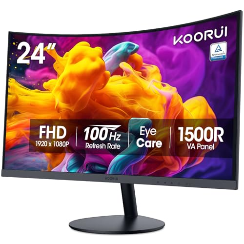 KOORUI 24 inch Curved Gaming Monitor, R1800 Full HD 1080P Computer Monitor, 60Hz Monitor, HDMI VGA, Tilt Adjustment, LCD Monitor, Eye Care, Black 24N5C