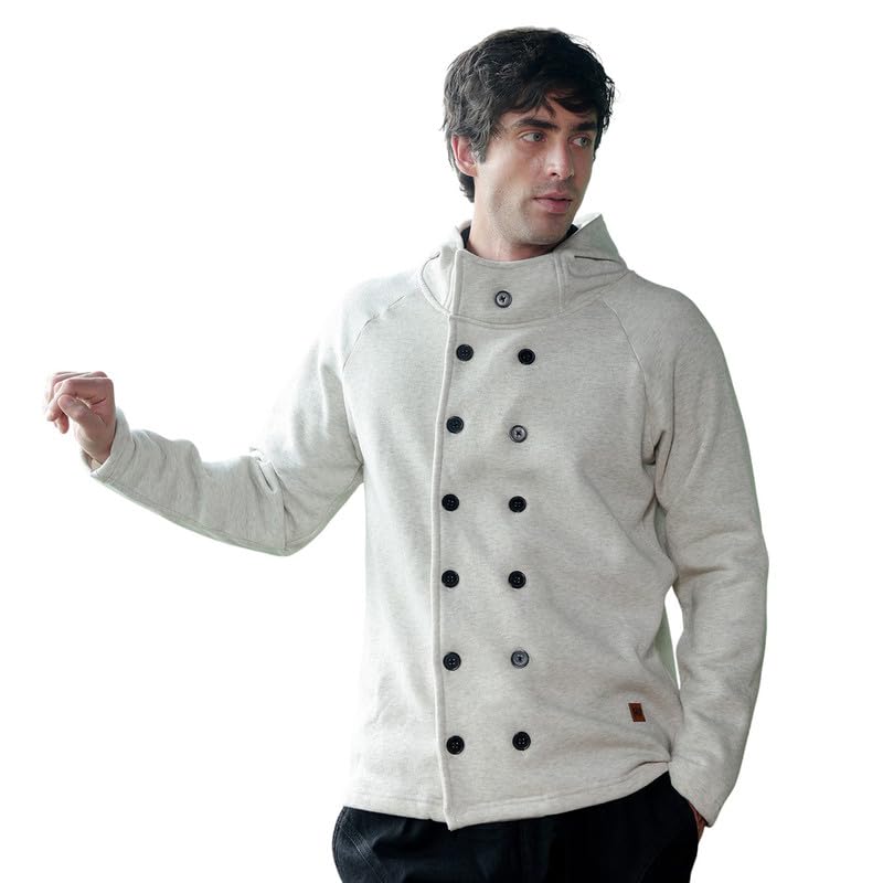 cahoot Men Jacket | Standing Hood Collar, Long Regular Sleeves | Button, Curved Hem | Solid Fleece | Knitted Fabric For Casual| Cloud Grey-picture-30