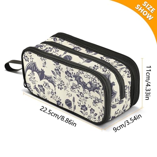 Image of Goth Bat Flowers Large Capacity Pencil Case Pencil Pouch Pen Box | 3 Compartment Large Storage Pencil Bag for Adults School Office Teen Girl Boy Men Women