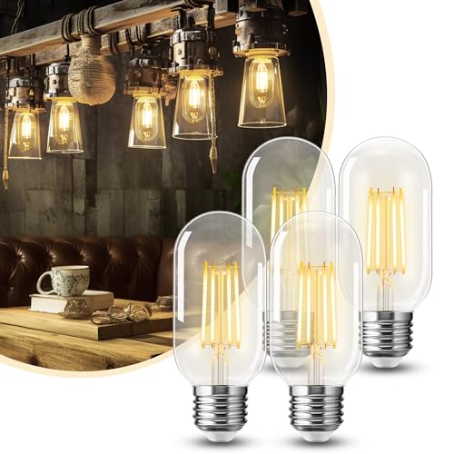 Image of 4 Pack LED Edison Bulbs, 4W Edison Light Bulbs, Antique LED Filament Bulbs 40W Equivalent, E26 Base, T45 LED Bulb with Clear Glass, Warm White 2700K, Non Dimmable, Great for Home, Bedroom, Office