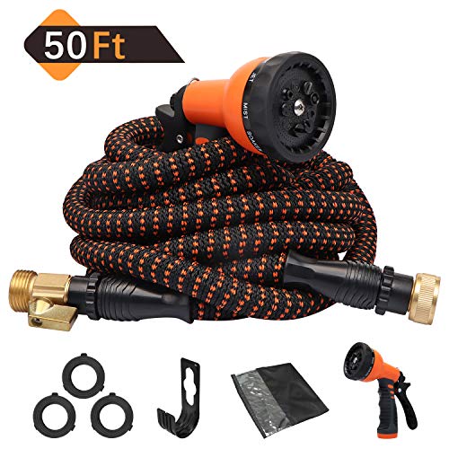 Expandable Garden Hose 50ft Flexible Water Hose Retractable, Upgraded 9 Functions Sprayer with Double Latex Core, 3/4' Solid Brass Fittings, Extra Strength Fabric - Outdoor Garden Expanding Hose