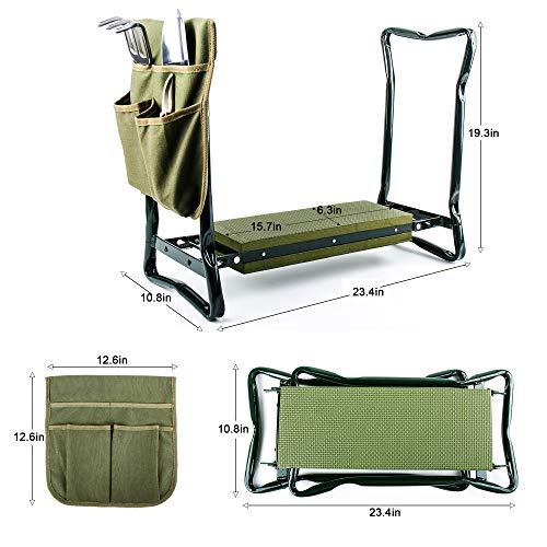APOLLO TOOLS Foldable Garden Seat with Adjustable Kneeler Position. Includes Washable Green Apron with Deep Pockets and 3 Quality Garden Tools - DT3798