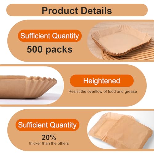 500 Pcs Air Fryer Paper Liners, 8” Square Disposable Parchment Paper Liner for 5-8 QT Air Fryer, Non-Stick, Oil Proof Unbleached Airfryer for Baking, Roasting Microwave by Caeuiciw - Image 3