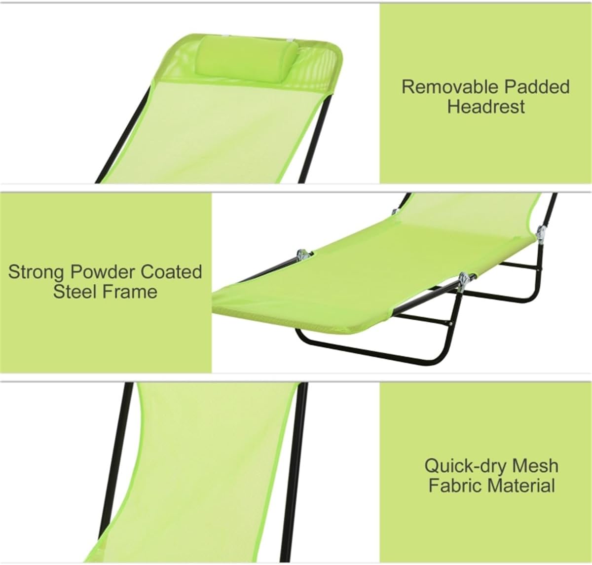 Adjustable Portable Cot for Adults, Folding Chair, 4-Position Recliner with 264 lbs Weight Capacity Lounger, Travel, Camping, Beach, Green