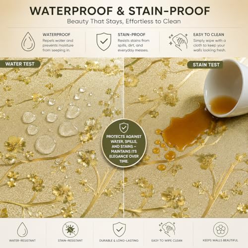 Image of Golden Flowers Self Adhesive Wallpaper Roll for Wall & Furniture | Waterproof PVC Peel & Stick Contact Paper for Wardrobe, Cabinet, Kitchen & Home Decor