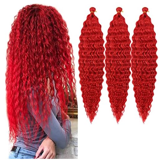 HENSLEELY 30 inch Ocean Wave Crochet Hair Deep Wave Twist Crochet Hair Extensions Curly Braiding Hair 3 packs Long Wavy Water Wave Braids For Women Synthetic Crochet Braid Hair (30 inch,Red)