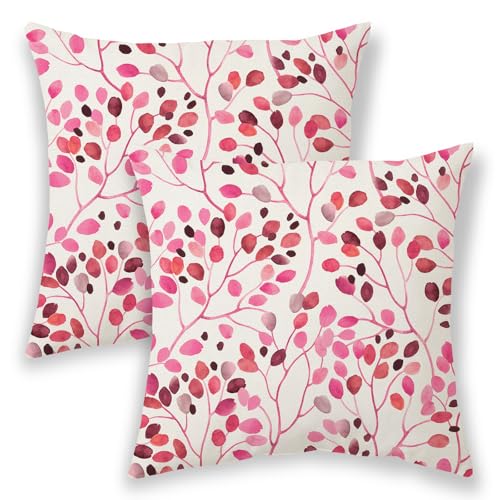 BETGINY Lot de 2 housses de coussin décoratives en lin pour canapé et sofa, 45,7 x 45,7 cm, motif feuilles colorées rouges, fleurs et fleurs, printemps, été, décoration saisonnière, rose vif