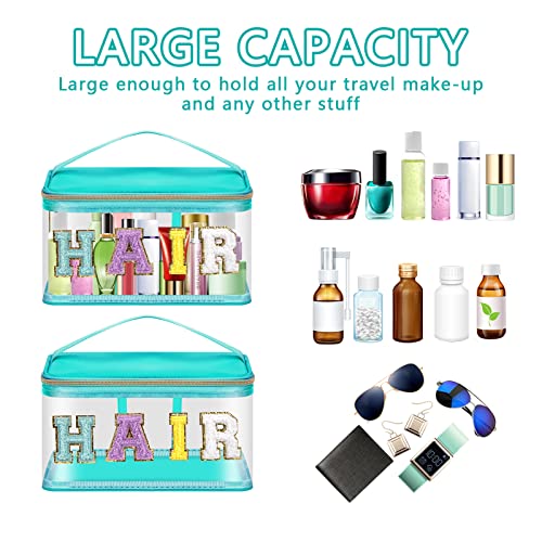 Iqimott Preppy Clear Makeup Cosmetic Bag For Women Travel, Nylon Pvc Chenille Glitter Letter Toiletry Storage Tote Bag, Transparent Waterproof Organizer Zipper Pouch With Handle(Hair, Green) #TOP3