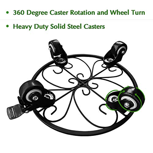 Iron Potted Plant Stand on Steel Casters (No Plastic), 12", Metal Plant Stand on Rollers, Flower Pot Trolley, Round Plant Caddy, Planter Movers with Locking Round Wheel, Plant Caddie, Pot Dolly
