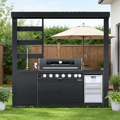 94-Inch Natural Gas Outdoor Kitchen Grill Island with Canopy, 6-Burner 85000 BTU, Wine Cooler Compact Refrigerator, Rotisserie, Black Granite Countertops, Storage Cabinets & Drawers, Black