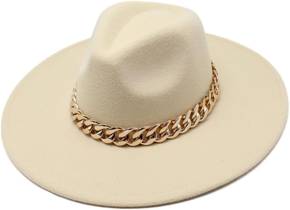 Western Style Fedora Hat, Black with Gold Chain Band, Wide Brim