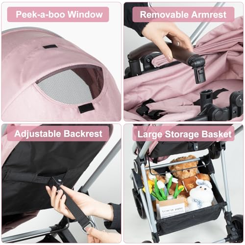 Image of 2-in-1 Baby Stroller with Bassinet Mode - Folding Infant Newborn Pram with Reversible Seat - for 0-36 Months Baby Girl Pink