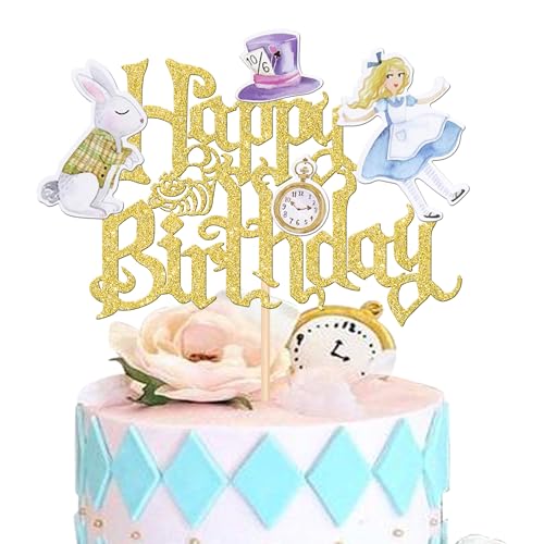 1 decoración de pastel de Alicia en el país de las maravillas con purpurina, sombrero mágico, reloj de conejo, hada, regalo de cumpleaños para Alicia en el...