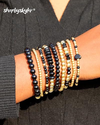 9PCS Gold Bracelets for Women Heart Stone Beaded Bracelets Gold Stretch Bracelets for Women 14K Real Gold Plated Stackable Bead Ball Bracelet Set2