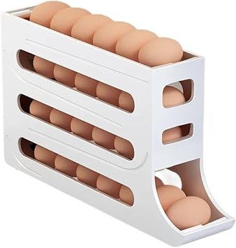 Four-Layer Auto-Roll Egg Storage Box, Slide Style Anti-Drop Holder for Fridge Side Door & Kitchen CountertopWhite 3pcs