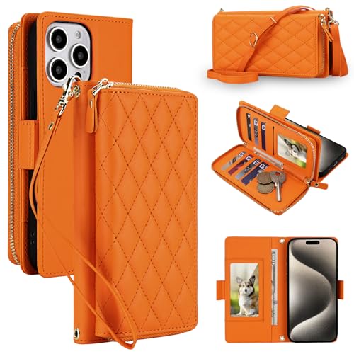 Étui portefeuille iPhone 14 Pro orange avec 8 fentes cartes et zip RFID