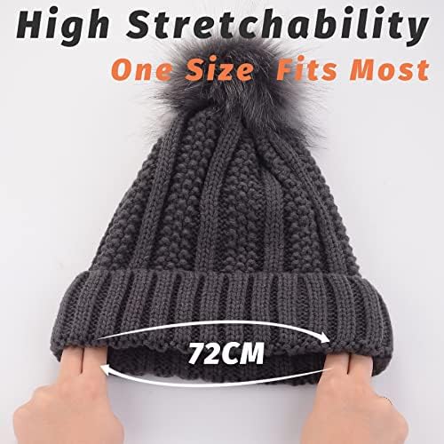 EXGOX Beanie Hat Women Satin Lined Knitted Hat with Faux Fur Pom Pom Hat Double Layer Fleece Line Winter Hat for Women