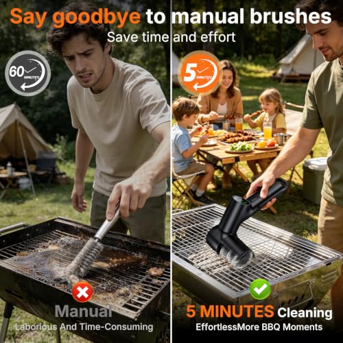 Cook Time Electric Grill Brush for Outdoor, Portable BBQ Grill Cleaner | LED Light, 2 Replaceable Head, 3-Speed,LED Display, Gill Cleaning Brush Grill Accessories for Charcoal Grill, Gifts for Men - image 2