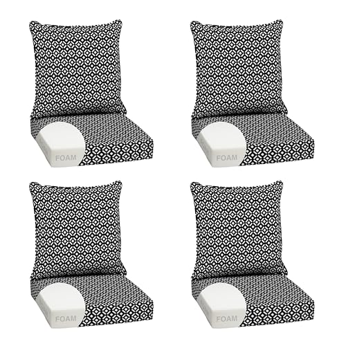Image of Arden Outdoor Foam Deep Seat Cushion Set, 4-Pack, 24x24, Premium High-Density Foam, Never Flattens, Weather-Proof for Patio Chair Sofa Couch, Black Demi Tile