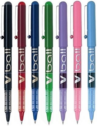Pilot V5 Assorted Colour Pack V Ball Fine Rollerball Pen Pens Metal Tip 0.5mm Nib 0.3mm Line Liquid Ink (1 Of Each 7 Colours - Black Red Blue Green Violet Pink Light Blue) BL-VB5
