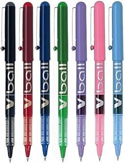 Pilot V5 Assorted Colour Pack V Ball Fine Rollerball Pen Pens Metal Tip 0.5mm Nib 0.3mm Line Liquid Ink (1 Of Each 7 Colours - Black Red Blue Green Violet Pink Light Blue) BL-VB5