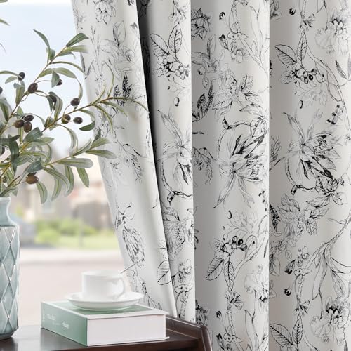 jinchan Floral 95% Blackout Curtains for Bedroom 84 Inches Long, Black Flower Patterned Curtain Black Out Printed Curtains Cottage Core Curtain Grommet Top Window Drapes Set 2 Panels