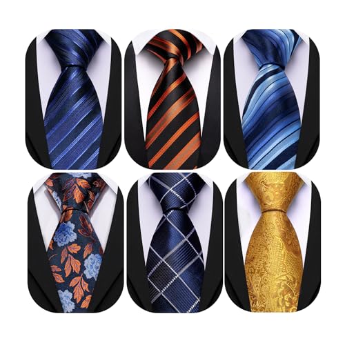 Image of Barry.Wang Mens 6 PCS Ties Silk Striped Paisley Check Floral Necktie Silky Woven Wedding Business Party Ties 3.34 inch