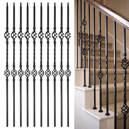 ITeVe.GD - Wrought Iron Balusters - 10Pack - Hollow Double Basket & Single Twist Spindles,Decorative Metal Balusters for Decks,1/2 Inch Square Baslusters for Staircase Interior (Satin Black) - GD03