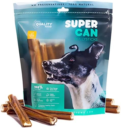 SuperCan 6" Bully Sticks for Dogs 10pc - 100% Natural Farm Raised Beef Dog Chews. Free Range Grass Fed Non-GMO Treats for Dogs. SuperCan Made & Packaged