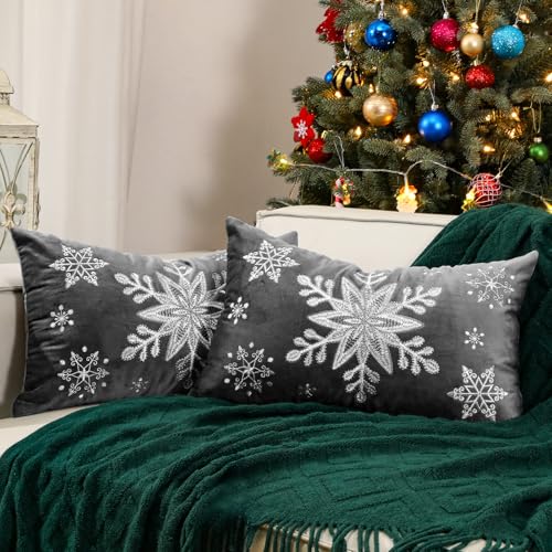 Lewondr Christmas Throw Pillow Covers, 12x20 Inch Snowflake Embroidery Pillow