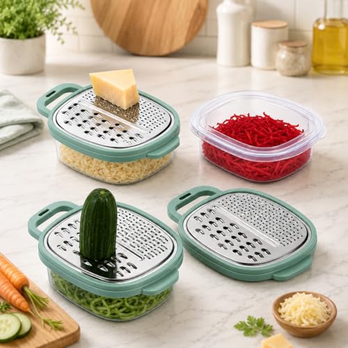 Image of 2-in-1 Stainless Steel Grater with Storage Container & Lid Multi Color | Lightweight Kitchen Vegetable Box Food Collection for Cheese Carrot Cucumber Beetroot Fruits