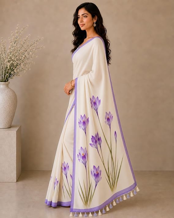 Image of Lilan Cotton Saree with White Daisy Floral Prints Tassel Pallu Lightweight Summer Saree