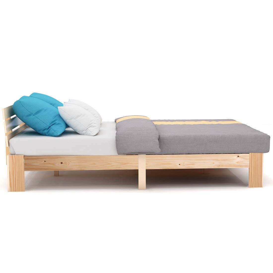 Cama de matrimonio de madera con cabecero con somier, 200 x 140 cm, madera maciza, cama doble utilizable como cama de pino (natural)