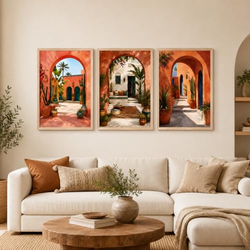 Image of Livin'luxe Set of 3 Mediterranean Arch Courtyard Wall Paintings for Living Room Bedroom Hallway Decor with Premium Wooden Color Synthetic Frame (13.5 x 19.5 Inch) NM03-99