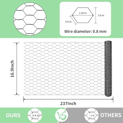 Image of Chicken Wire 16.9 in x 237 in Poultry Wire Netting Hexagonal Galvanized Mesh Garden Fence Barrier for Pet Rabbit Chicken Fencing(PVC-Coated)