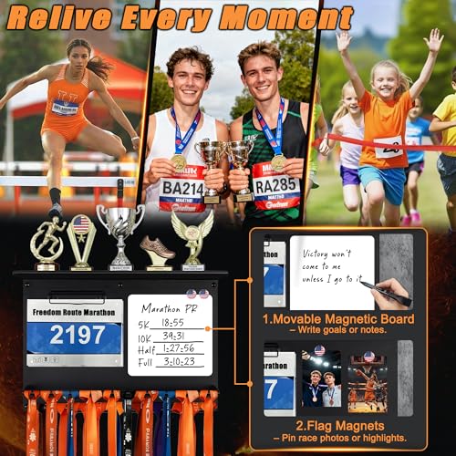 Image of Running Medal Hanger Display with Trophy Shelf, Race Bib Holder and Whiteboard, 2-Bar Medal Holder for 50+ Medals with Flag Magnets, Marker, Wall Mounted, Black