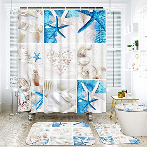 Tamoc 4 Pcs Beach Shower Curtain Set With Non-Slip Rug, Toilet Lid Cover And Bath Mat, Ocean Seashell Bathroom Shower Curtain With 12 Hooks, Waterproof Nautical Starfish Shower Curtain #TOP1
