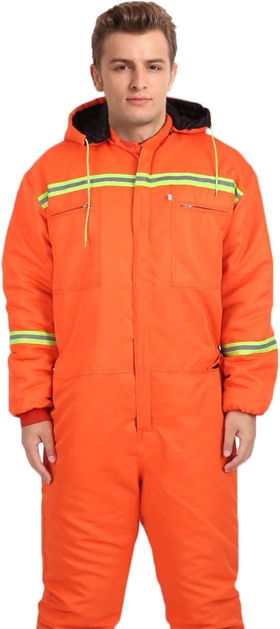 Men's Long Sleeve Work Coveralls Insulated Jumpsuit Hi Viz Winter Padded Mechanic Coverall with Hood
