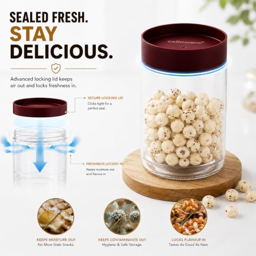 Image of CELLO Modustack Pet Storage Jar For Kitchen Set of 9 Pcs (1000ml x 2, 750ml x 2, 500ml x 5) Maroon | Freezer & Fridge Safe, Airtight Pet Kitchen Storage Box Container For Beans, Whole Grains, Spices