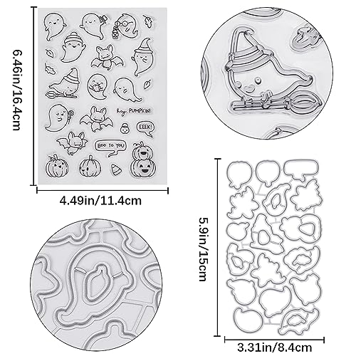 CRASPIRE Halloween Theme Clear Rubber Stamp and Metal Cutting Die Set Ghost Pumpkin Bat Transparent Silicone Stamps Carbon Steel Cuts Stencil for Card Making Journaling DIY Scrapbooking Handmade Photo - Image 2