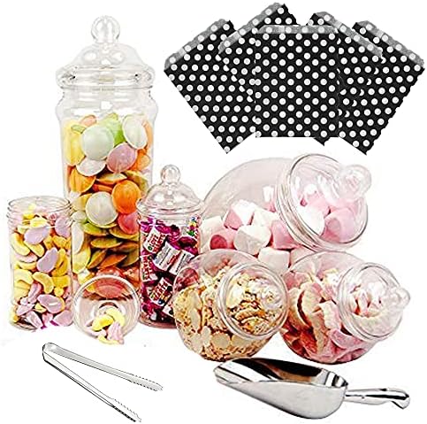 6 Jar Retro Pick & Mix Victorian Sweet Shop Candy Buffet Kit Party Pack with Scoop, Tongs & Bags - Pink Stripe