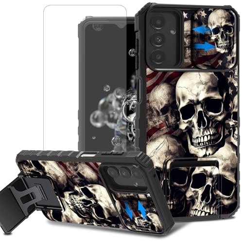 ACWDMKH for Samsung Galaxy A25 5G Case with Screen Protector & Slide Camera Protector Cover & Kickstand Dual Layer Heavy Duty Shockproof Cover Case for Galaxy A25 5G,Skulls America Flag