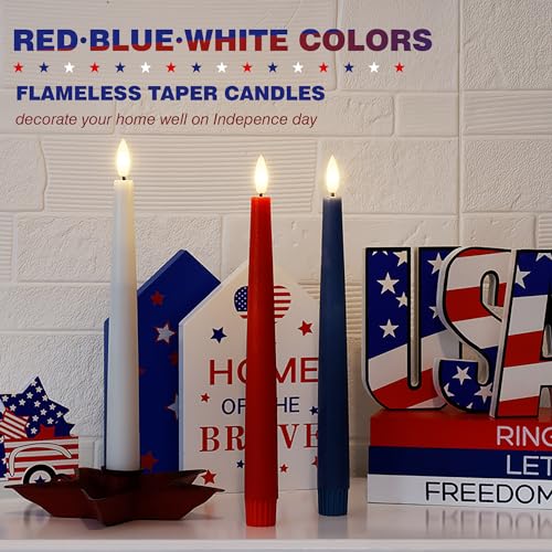 Image of Patriotic Flameless Taper Candles With 3D Wick - 9.6 inch Real Wax Red White and Blue With Remote and Timer - 4th of July LED Battery Operated Fake Candles, 3 Pack